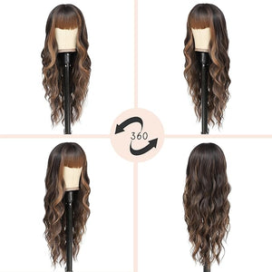 NAYOO Brown Wigs with Bangs for Women Long Curly Wavy Hair Wigs Heat Resistant Synthetic Fiber Wigs for Daily Party Use 26 Inches (Dark Brown Mixed Chestnut)