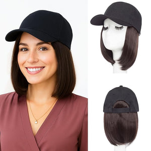 MY-LADY Hat Wig Hat with Hair Attached for Women Baseball Cap with Hair Extensions Adjustable Short Straight Synthetic Hairpiece for Daily Use 6 Black Cap to 6A