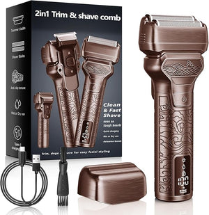 Electric Foil Shaver for Men: Rechargeable Razor with Push-Up Trimmer for Face - Cordless Wet/Dry/Anti-Slip Waterproof Shavers with LED Display - Metal Handheld Design DEEP Brown