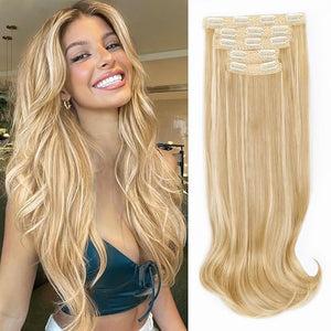 ALXNAN Clip in Hair Extensions Hair Extensions Thick Long Stright Layered Light Blonde Highlighted Golden Blonde 20 Inch Soft Lace Weft Hair Extension for Women