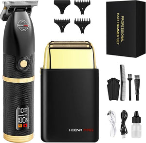 HIENA PRO Hair Trimmers and Foil Shaver for Men KitMen Professional Cordless Barbers Hair Clippers with LCD DisplayBlack Gold Zero Gapped Hair Trimmer Double Foil Shaver