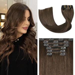 Medium Brown Hair Extensions Real Human Hair Clip ins for Women, 70g 7pcs 12inch,Soft &amp; Natural Straight Double Weft for Women #4 Chocolate Brown Human Hair Extensions