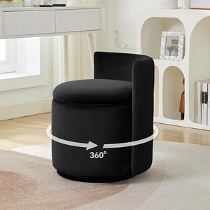 Velvet Vanity Chair with Storage 360¡Æ Swivel Makeup Chair with Wave Back No Assembly Small Accent Stool for Bedroom Dressing Living Room Black