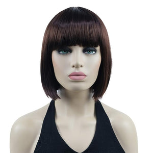 Lydell 8" Straight Short Bob Hair Flat Bangs Cute Central Dot Skin Top Heat Resistant Synthetic Wigs (33 Dark Auburn)