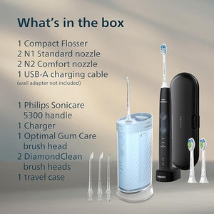 Philips Sonicare Compact Flosser 1000 Blue ProtectiveClean 5300 Rechargeable Electric Toothbrush and 2PK Compact Nozzle Bundle