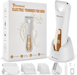 Pubic &amp; Body Hair Trimmer for Men, 2 In 1 Electric Ball Groin Razor Shaver with Ceramic Blade, No Nick Mens Grooming Kits for Wet/Dry Use, Cordless Charging Body Groomer with Led Display,White