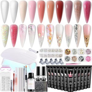 Poly Gel Nail Kit with UV Light, 12 Colors Builder Gel Nail Extension Kits for Beginners with Everything, Dual Nail Forms Slip Solution Chunky Glitter Poly Gels Nails Art Design Starter Set