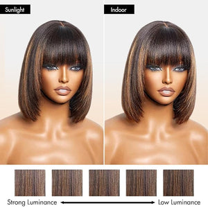 Ombre highlight 1b/30 8 Inch Yaki Straight Bob Wig with Bangs Human Hair Glueless HD Lace 2.5x1 Bob Wig for women