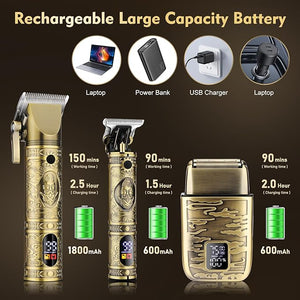 Professional Hair Clippers for Men,Hair Clippers+T-Blade Trimmer+Electric Shaver+Nose Hair Trimmer Set,4 in 1 Cordless Barber Hair Cutting Kit LCD Display Gifts (Gold)