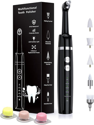 Tooth Polisher Rechargeable Tooth Whitening Kit for Teeth Cleaning and Whitening with 3 Tooth Polish Paste and 5 Brush Heads LED Light Easy to Use at-Home Personal Dental Care Kit (Black)