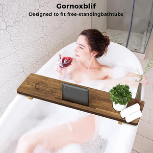 Premium Bathtub Tray for Freestanding Bath Large &amp Thick 35¡± Acacia Wood Luxury Bath Tray for Tub Anti-Tip Non-Toxic Adjustable Bathtub Trays for Tub with Bathroom Accessories Holder