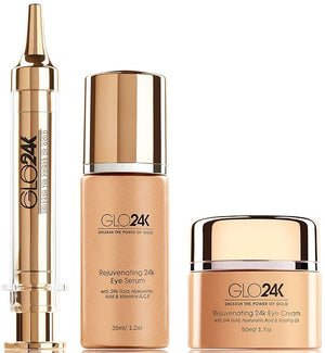 GLO24K UNLEASH THE POWER OF GOLD Complete Eye Care Set with our 24k Instant Facelift Cream Eye Treatment Cream and Eye Serum. Skin Serum Formulated to Treat the Delicate Skin around the Eyes