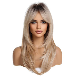 HAIRCUBE Long Blonde Wigs for Women Layered Synthetic Hair Wig with Dark Roots for Daily Party