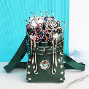 Hairstylist Waist Bag 7-Slot PU Leather Barber Scissors Tool Bag Shear Holder Detachable Hair Cutting Organizer for Combs Clippers and Spray Bottles (Dark green)