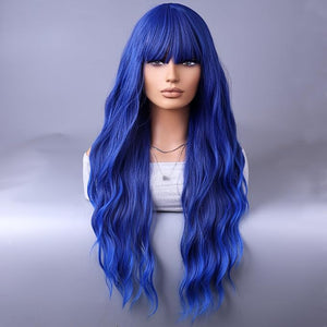 BERON Blue Long Wigs Curly Wavy Women Wigs with Bangs Dark Blue Heat Resistant Synthetic Wigs for Cosplay or Daily Wigs Wig Cap Included
