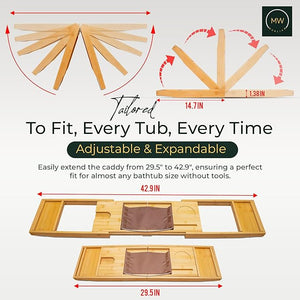 Luxury Foldable Bamboo Bathtub Tray - Wine Glass and Tablet Holder Spa Bath Caddy for Relaxation Gifts for Her Him Couples Adjustable and Waterproof Perfect for Birthdays Weddings Housewarming