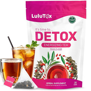 LULUTOX Detox Tea - Slimming Tea with Dandelion and Ginseng to Support Goals for Detox Cleanse, Flat Belly, Bloating, Healthy Weight and Digestive Health - Women &amp; Men - Peach Flavor (28 Servings)