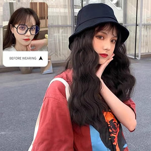 Women's Wavy Wig with Detachable Hat Medium Curly Artificial Silk Wig for Daily Party Use Black Brown