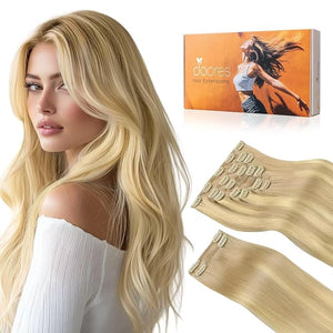 DOORES Human Hair Extensions Clip in, Dirty Blonde Mixed Platinum Blonde 150g 9pcs 14 Inch, Remy Straight Thick Hair