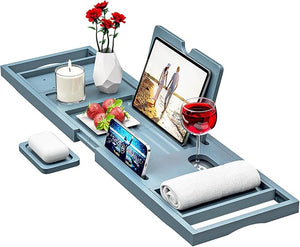 Premium Bamboo Bathtub Caddy - Expandable Size Fits Most Bath Tubs - Grey