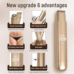 2 in 1 Bikini Trimmer for Women, Dual Head Electric Razor, IPX7 Waterproof Wet/Dry Use Women Electric Shaver, Painless Body Facial Hair Remover for Bikini Legs Arm Underarm,(Golden)