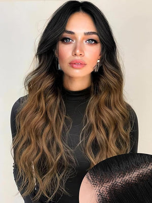 AISI HAIR Brown Wig for Women Long Wavy Black To Brown Lace Hairline Middle Part Synthetic Heat Resistant Wig for Daily Party-26 Inch