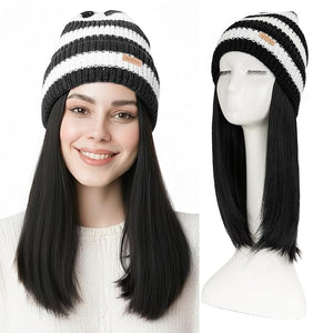 SEGO Beanie Wig for Women Hat with Hair Extensions Cap with Hair Attached for Women Synthetic 11 Inch Straight Hairpiece Winter Warm Black and White Knitted Hat Wigs 01