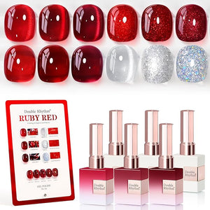 Double Rhythm 6 Pcs 15 ML Gel Polish Set Same Color Same Bottle Soak Off Gel Polish Kit Nail Art Manicure Salon DIY at Home for Women (Jelly Burgundy Red Glitter Silver -T6-56)