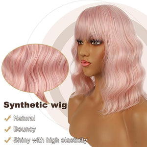 Short Bob Wigs with Bangs for Women Loose Wavy Wig Curly Wavy Shoulder Length Bob Synthetic Cosplay Wig for Girl Colorful Costume Wigs (Peach Fuzz)