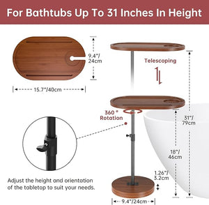 NiHome Bamboo Swivel Sofa Armrest Tray Table for Couch with Thickened Stable Base Adjustable Height TV Tray Side Table with 360¡Æ Rotating for Bath Tub Hot Tub Bedside Balcony Brown
