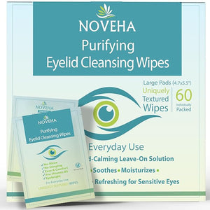 NOVEHA Eyelid &amp; Lash Wipes | For Itchy, Dry Eyes, Styes &amp; Blepharitis | lid and lash Cleansing Wipes, Hypoallergenic &amp; Soothing For Sensitive Eyes, Pack of 60