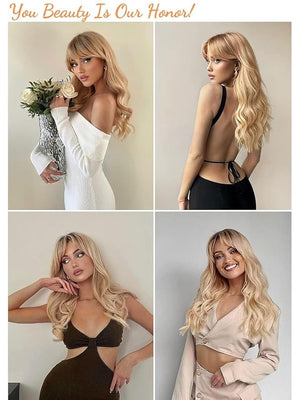 Honygebia Blonde Wig with Bangs - Long Wavy Ombre Curtain Bang Wigs for White Women Light Ash Blond Dark Roots Synthetic Heat Resistant Hair Natural Cute Strawberry Wigs for Halloween/Christmas