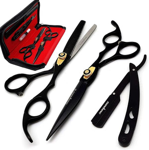 Saaqaans MSS-01 Stylish Hairdressing Scissors Set - Hair Cutting Scissor for Barber/Hairdresser/Hair Salon + Texture/Thinning Haircut Shear for Beautician + Straight Edge Razor + 10 Blades with Case