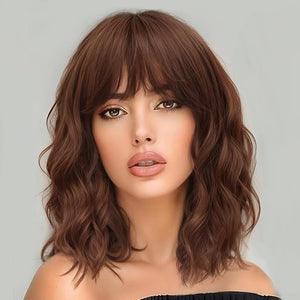 AISI HAIR Synthetic Wavy Curly Bob Wig with Bangs Ash Auburn Short Wavy Hair for Women Synthetic Heat Resistant Bob Wigs