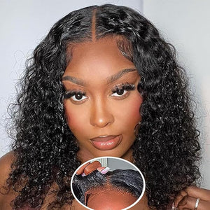Wear and Go Glueless Wig Bob Wig Human Hair Glueless Wigs Human Hair Pre Plucked Pre-Cut for Beginners 180% Density Deep Wave Curly Lace Front Wig 16 Inch Natural Black