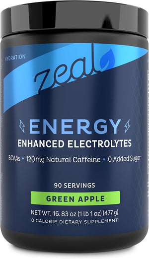 Zeal Electrolyte Powder - 90 Servings | Keto Electrolytes Powder | Zero Sugar BCAAs B-Vitamins | Potassium Zinc Magnesium | Hydration Powder Recovery Drink | Green Apple