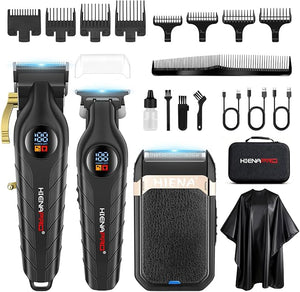 HIENA PRO Hair Clippers for Men Professional Cordless Barber Clipper T-Blade Beard/Hair Trimmer Foil Shaver Full Barber Set Electric Men's Hair Cutting Kit with LED Display and 8 Guide Combs
