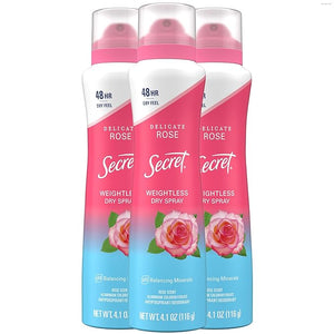 Secret Dry Spray Antiperspirant Deodorant for Women 48hr Weightless Sweat &amp Odor Protection Gentle on Skin Delicate Rose Scent 4.1 oz (Pack of 3)