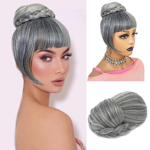 Grey Bun &amp Bang Updo Hair Bun with Bangs 2 Piece Set Synthetic Salt and Pepper Ponytail Hair Piece for Black Women