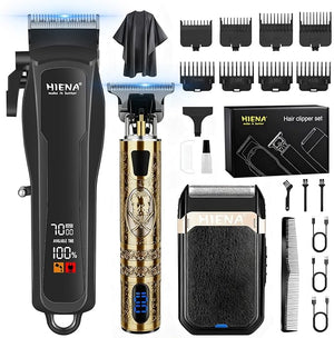 HIENA PRO Professional Cordless Hair Clippers for Men T-Blade Beard Trimmer &amp Foil Shaver Set Barber Clipper Hair Cutting Grooming Kit Barber kit
