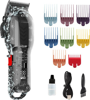 Professional Hair Clippers for Men, Cordless Barber kit for Hair Cutting &amp; Grooming, Black Hair Clippers Set for Barber Haircut with LED Display 8 Fade Taper Combs