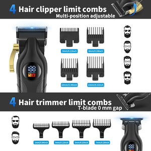 HIENA PRO Hair Clippers for Men Professional Cordless Barber Clipper T-Blade Beard/Hair Trimmer Foil Shaver Full Barber Set Electric Men's Hair Cutting Kit with LED Display and 8 Guide Combs
