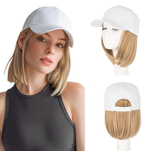 S-noilite Baseball Cap with Hair Extensions,Mixed Blonde White Hat Wigs with Hair Attached Synthetic Short Bob Hairstyle Baseball Caps for Women Daily Use(#16P613)