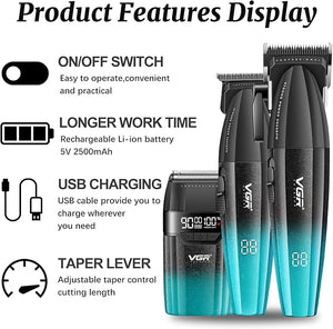 VGR 640S3 Professional 3 in 1 Hair Cutting Kit, 9000RPM Hair Clippers for Men Professional Hair Trimmer &amp; Foil Shavers Set, Cordless Mens Barber Combo for Home, for Him(Green)