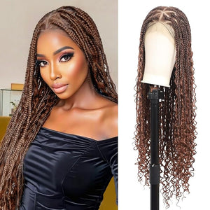 Kalyss HD Full Lace Triangle Knotless Boho Braided Wigs for Women 360 Lace Front Box Braided Wigs with Baby Hair Brown Premium Synthetic Knotless Braid Wig 36