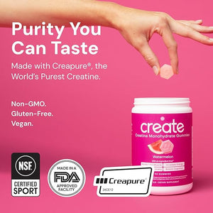 Create Creatine Monohydrate Gummies for Men &amp Women - Boost Focus Strength and Endurance Anti-Melting Formula Vegan Gluten-Free Non-GMO 1.5 Gram Creatine per Gummy (Watermelon 90 ct)