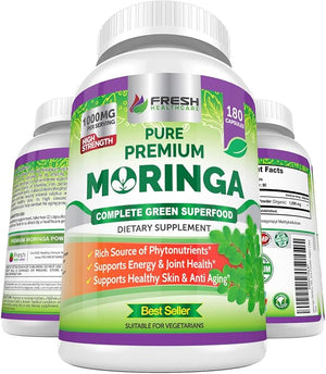 FRESH HEALTHCARE Moringa Capsules ? 100% Pure Leaf Powder - 180 Pills, Non-GMO - 3 Month Supply - Complete Green Superfood for Energy, Skin, Immune &amp; Gut Health Support