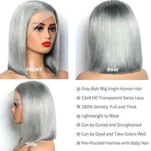 Grey Bob Wig Human Hair 13x4 Grey Lace Front Wigs Human Hair Pre Plucked Middle Part 14 Inch Lace Frontal Short Bob Wigs for Black Women 14 Inch Glueless Bleached Knots Lace Front Wigs 180% Density
