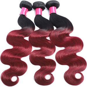 Ombre Human Hair Bundles 1b/99j Brazilian Two Tone Black and Burgund Ombre Body Wave 3 Bundles 10 12 14 inch 100% Unprocessed Virgin Human Hair Bundles Weaves Extensions for Women