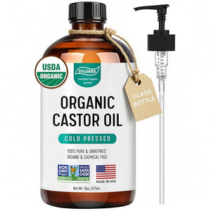 SYLVANA Organic Castor Oil with Pump (16oz Glass Bottle) USDA Certified Organic Cold Pressed Hexane Free Vegan - 100% Pure Castor Oil for Hair Growth Nourishing Skin Lashes &amp Eyebrows